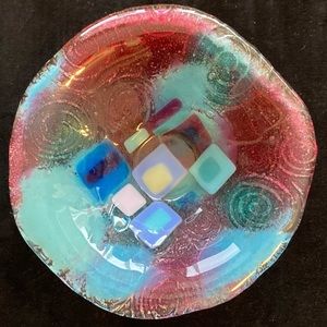 Handmade Modern Art Glass Bowl 7”x3” Pink and Blue Geometric Design Original